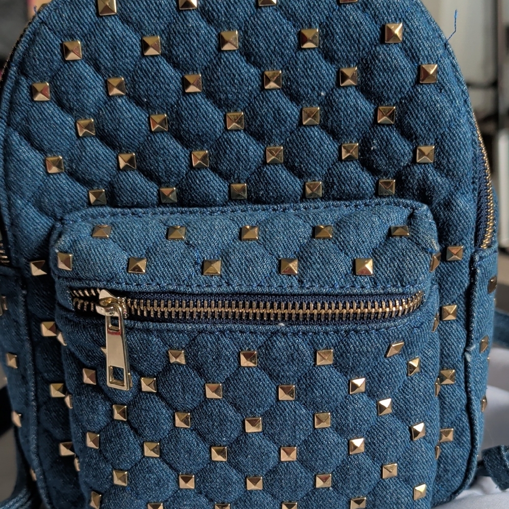 Forever 21 Blue Quilted Studded Backpack with Gold Hardware